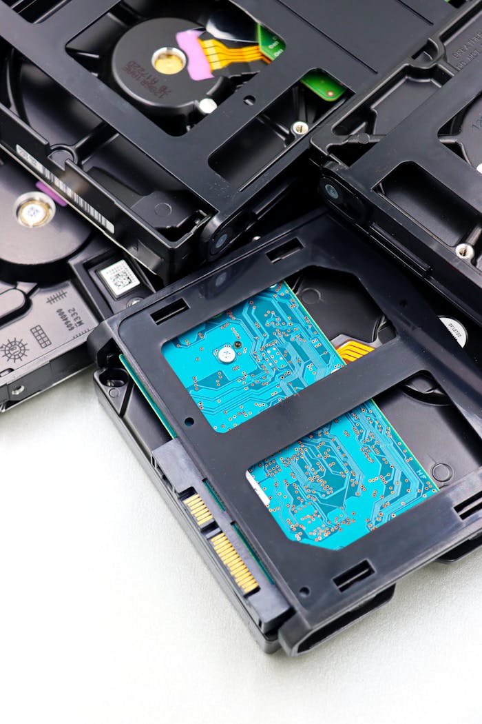 Services Close-up of multiple black internal hard drives stacked on a white surface showcasing circuit boards.