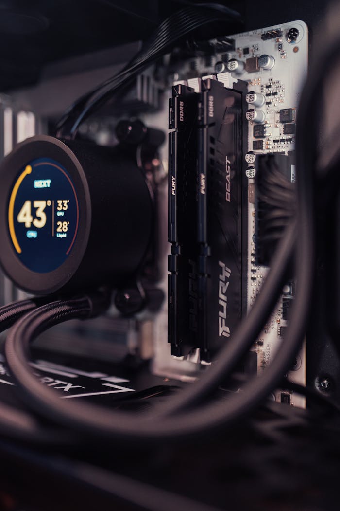 Services Detailed view of a gaming PC build featuring RAM and cooling system.